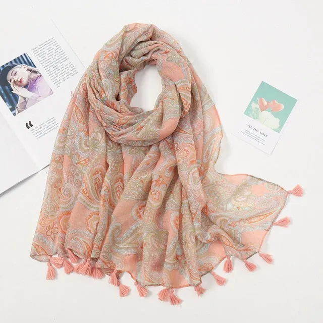 Floral Pashmina Scarf with Fringes for Women - Lightweight Soft Wrap in Various Colours