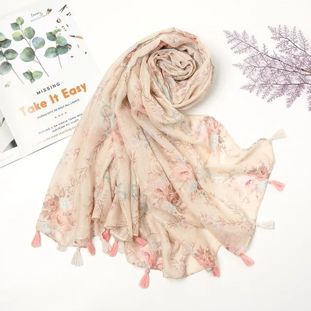 Floral Pashmina Scarf with Fringes for Women - Lightweight Soft Wrap in Various Colours