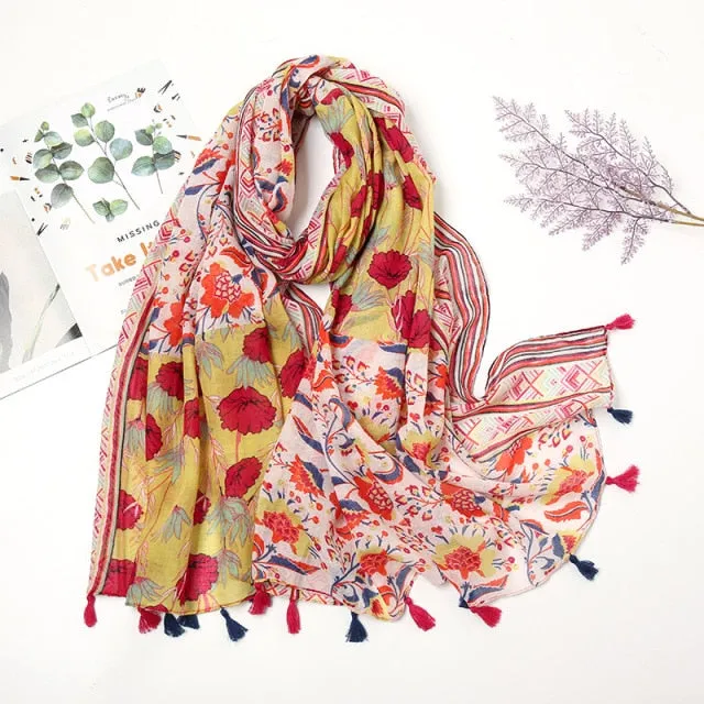 Floral Pashmina Scarf with Fringes for Women - Lightweight Soft Wrap in Various Colours