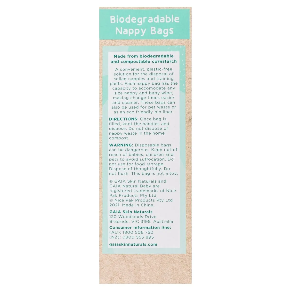 Gaia Natural Baby Biodegradable Nappy Bags 50pack