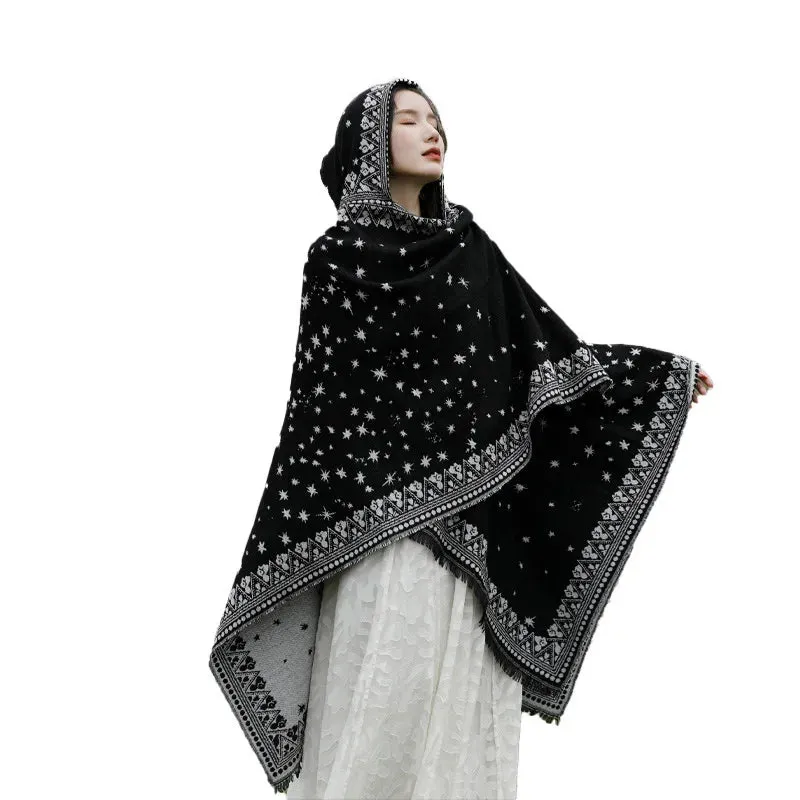 Geometric Fringed Poncho Shawl: Ethnic Style for Autumn & Winter