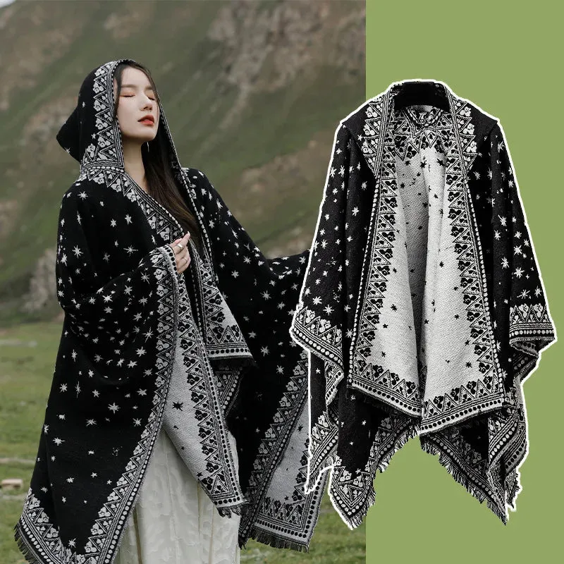 Geometric Fringed Poncho Shawl: Ethnic Style for Autumn & Winter