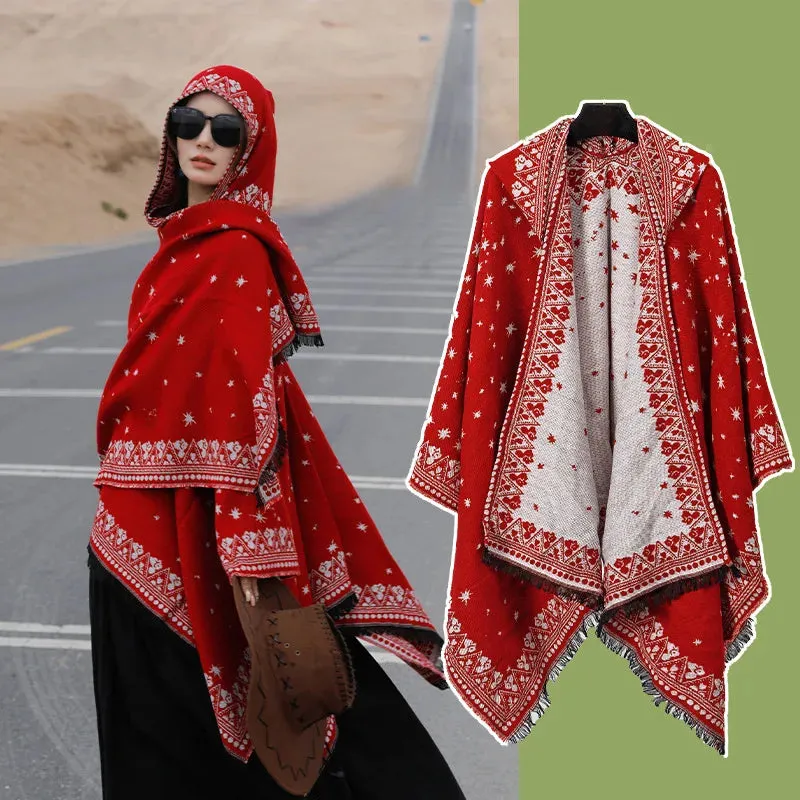 Geometric Fringed Poncho Shawl: Ethnic Style for Autumn & Winter