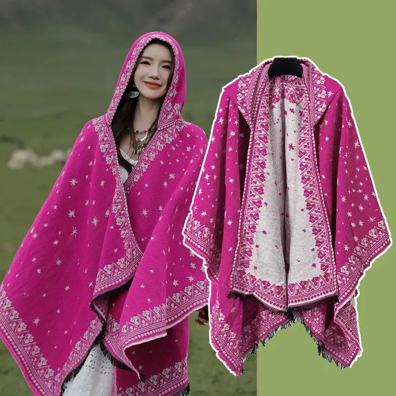 Geometric Fringed Poncho Shawl: Ethnic Style for Autumn & Winter