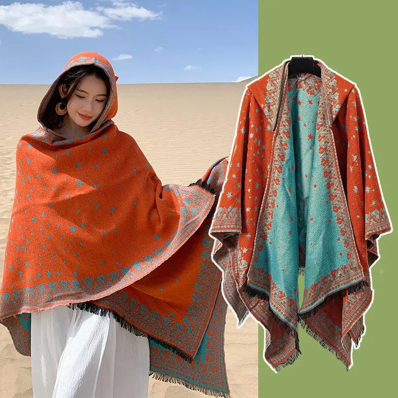 Geometric Fringed Poncho Shawl: Ethnic Style for Autumn & Winter