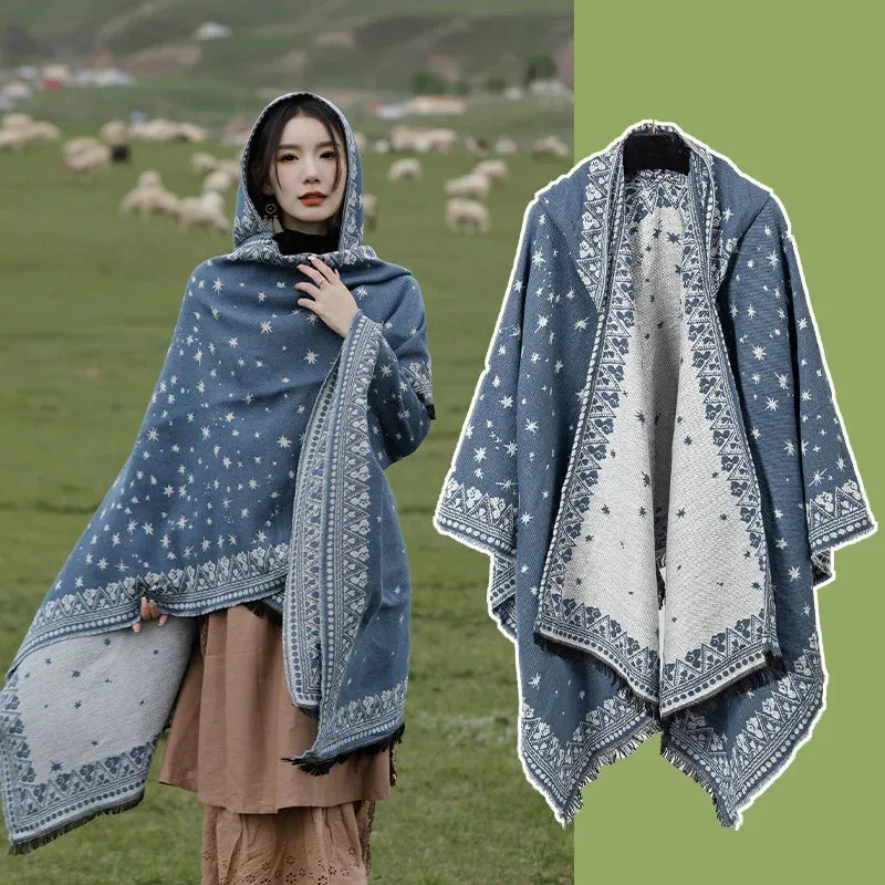 Geometric Fringed Poncho Shawl: Ethnic Style for Autumn & Winter