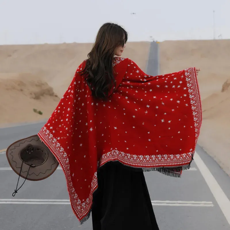 Geometric Fringed Poncho Shawl: Ethnic Style for Autumn & Winter
