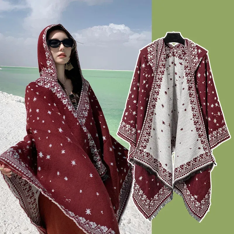 Geometric Fringed Poncho Shawl: Ethnic Style for Autumn & Winter