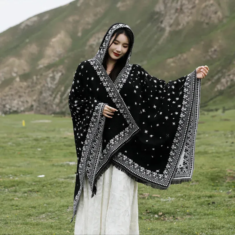 Geometric Fringed Poncho Shawl: Ethnic Style for Autumn & Winter