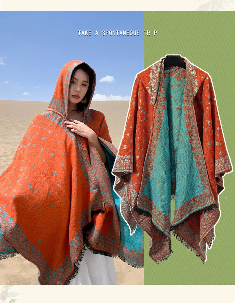 Geometric Fringed Poncho Shawl: Ethnic Style for Autumn & Winter