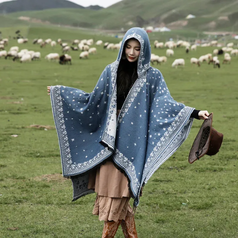 Geometric Fringed Poncho Shawl: Ethnic Style for Autumn & Winter