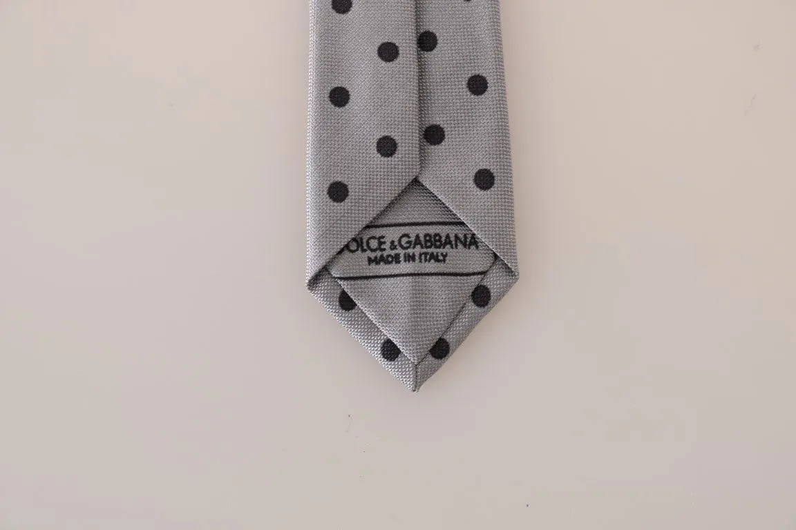 Gray Silk Black Polka Dot Print Slim Tie