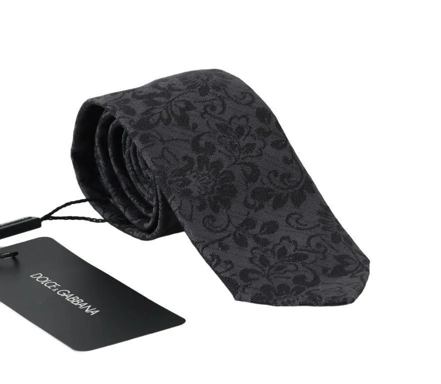 Gray Silk Floral Pattern Classic Tie