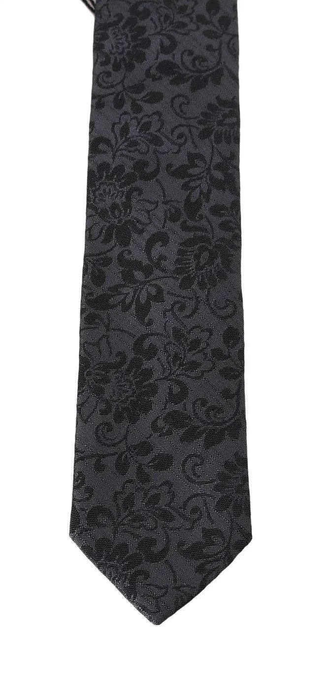 Gray Silk Floral Pattern Classic Tie