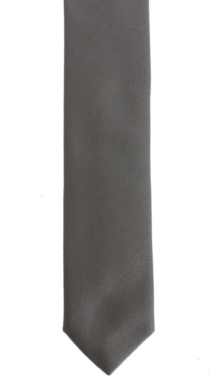 Gray Silver Solid Silk Skinny Slim Tie