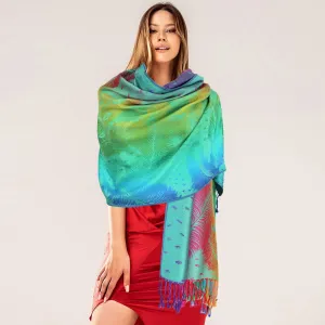 Green Pashmina Colorful Peacock Printed Pashmina Scarf Shawl