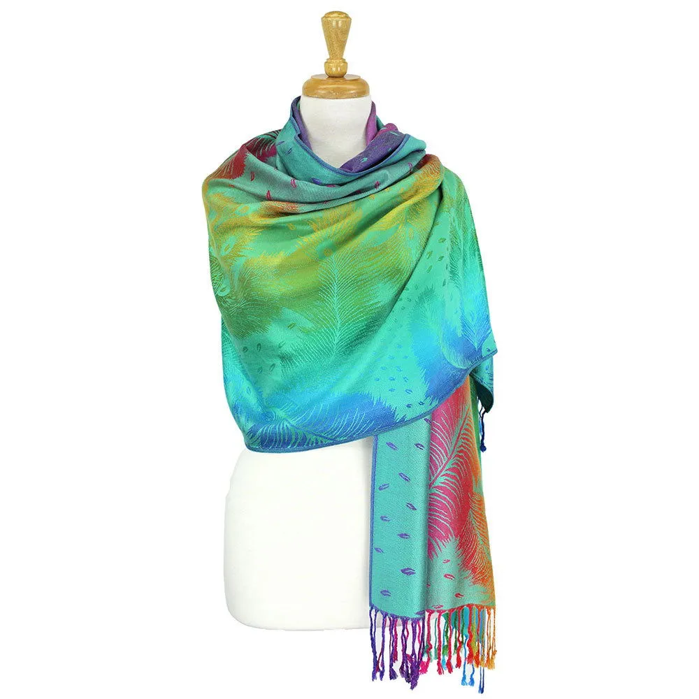 Green Pashmina Colorful Peacock Printed Pashmina Scarf Shawl
