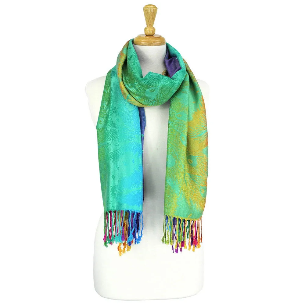 Green Pashmina Colorful Peacock Printed Pashmina Scarf Shawl