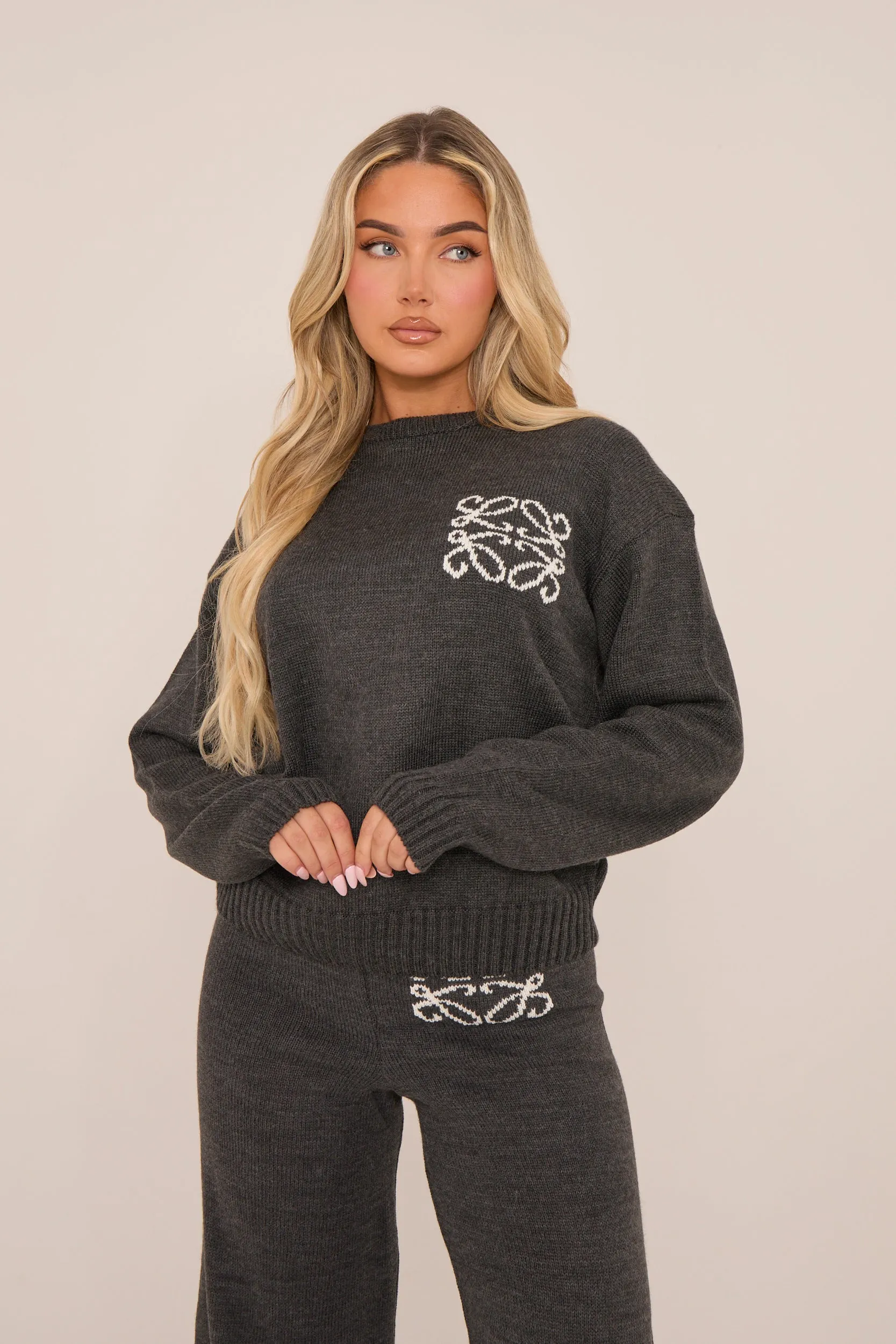 Grey Knit Swirl Detail Oversized Sweatshirt - Pluma