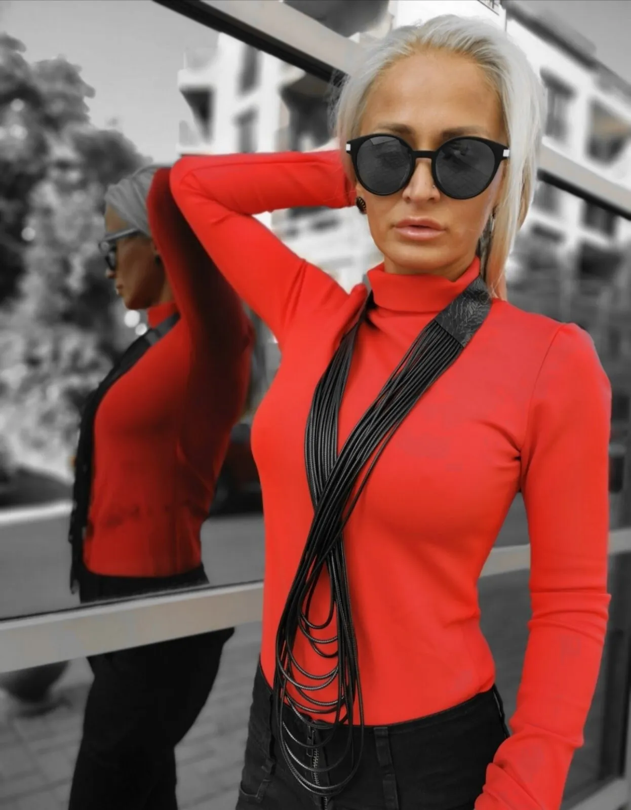 Handmade Long Leather Necklace&Synthetic Rope/ Extravagant Necklace in Black/Avant-garde Handmade jewelry
