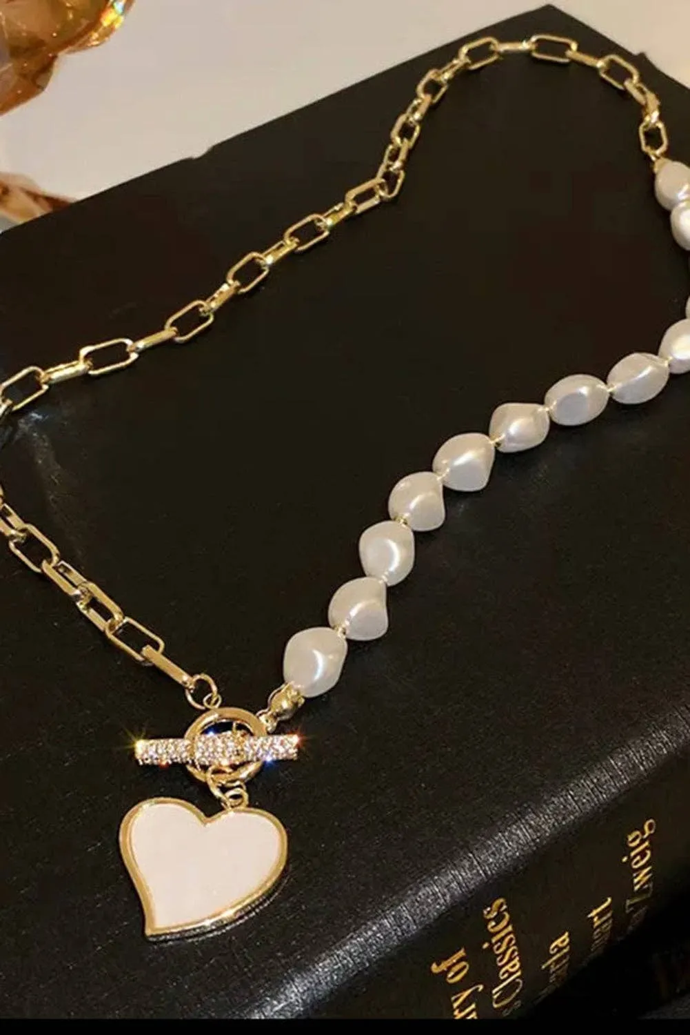 Heart Pendant Rhinestone Pearl Necklace  Liam & Company
