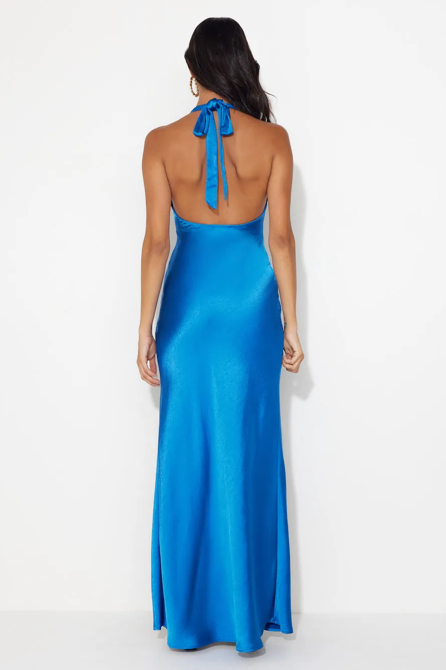 HELLO MOLLY Girl In The Spotlight Halter Neck Satin Maxi Dress Blue