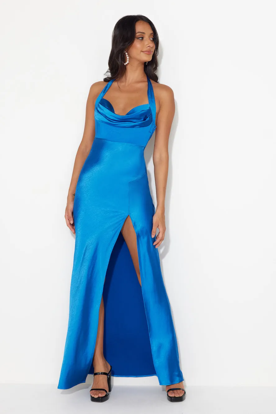 HELLO MOLLY Girl In The Spotlight Halter Neck Satin Maxi Dress Blue