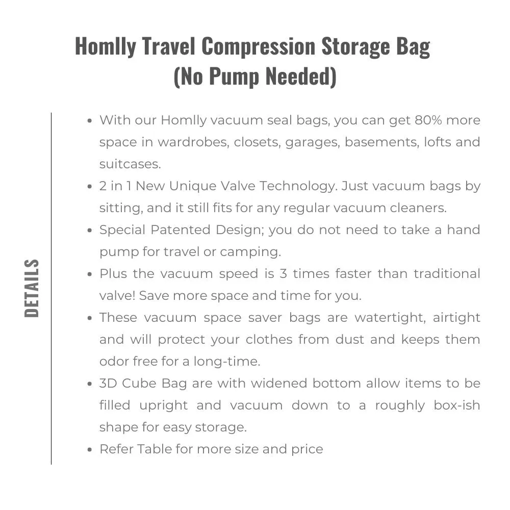 Homlly Travel Compression Storage Bag (No Pump Needed)