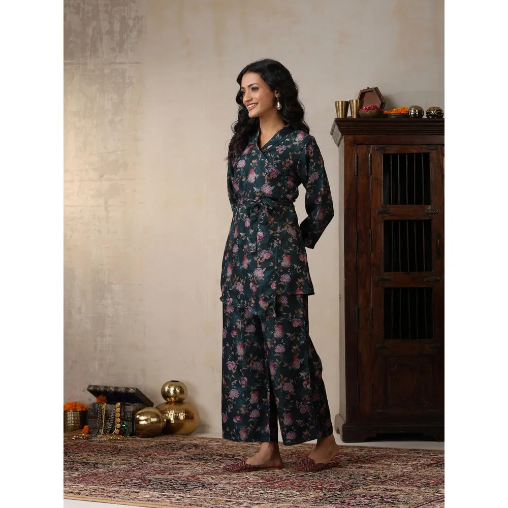 House of Chikankari Women's Pashmina Floral Print Kurti with Palazzo and Belt (Set of 3)