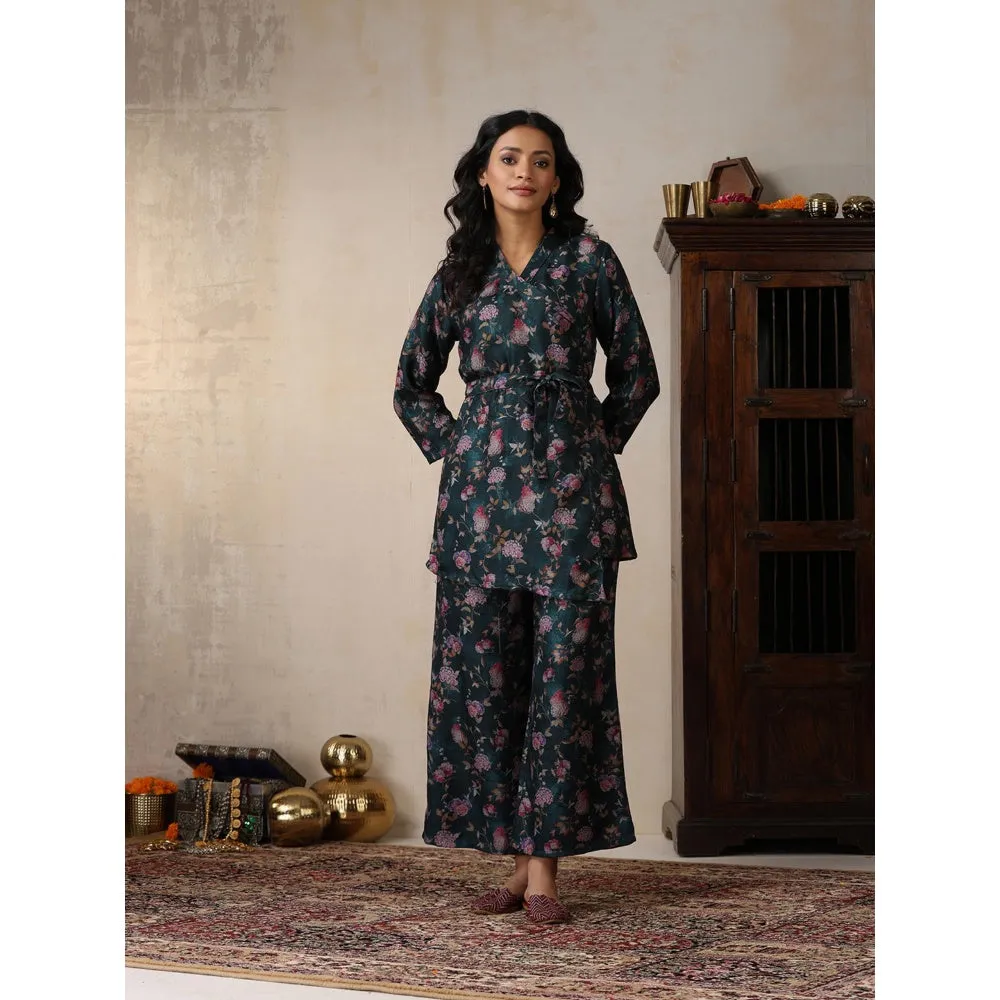 House of Chikankari Women's Pashmina Floral Print Kurti with Palazzo and Belt (Set of 3)