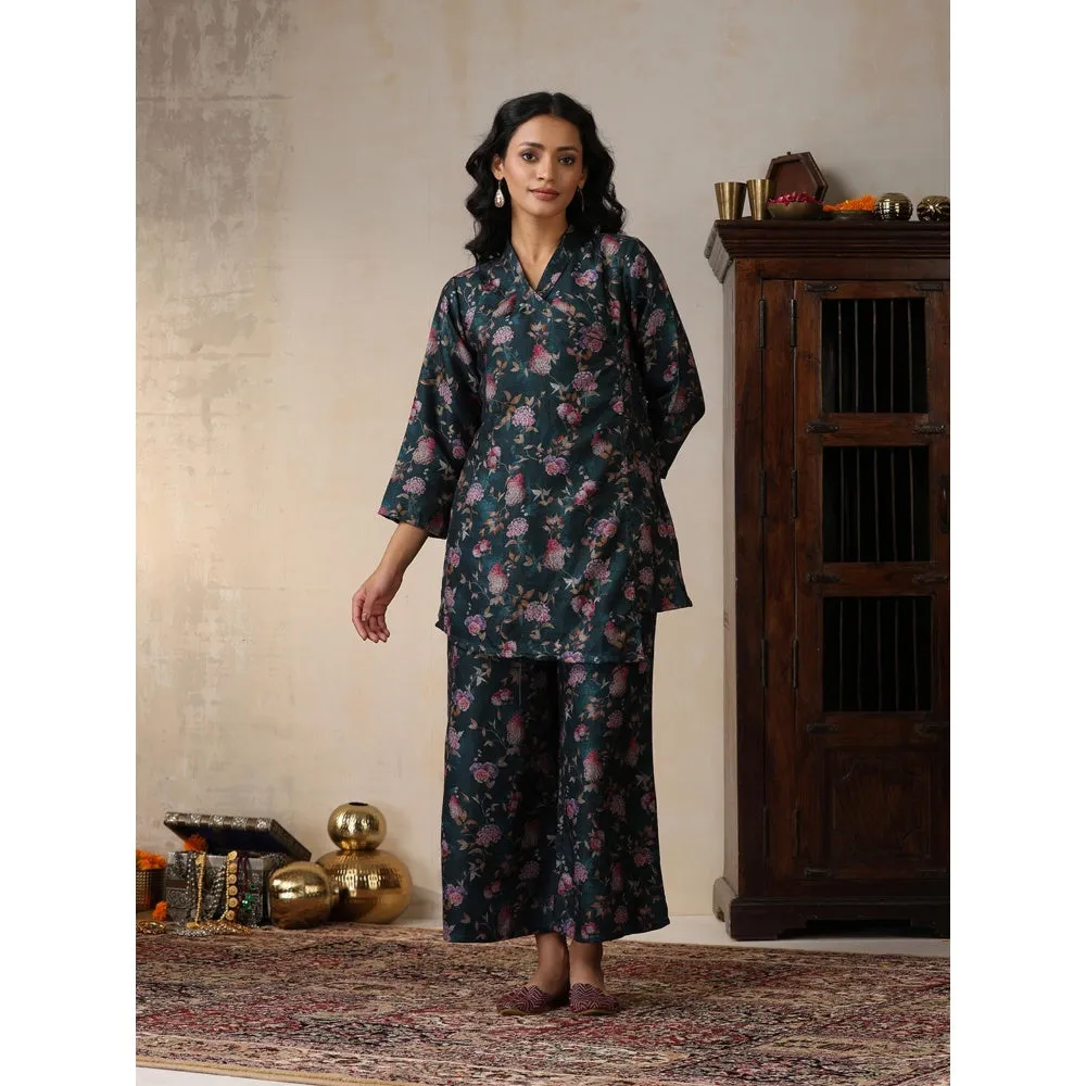 House of Chikankari Women's Pashmina Floral Print Kurti with Palazzo and Belt (Set of 3)