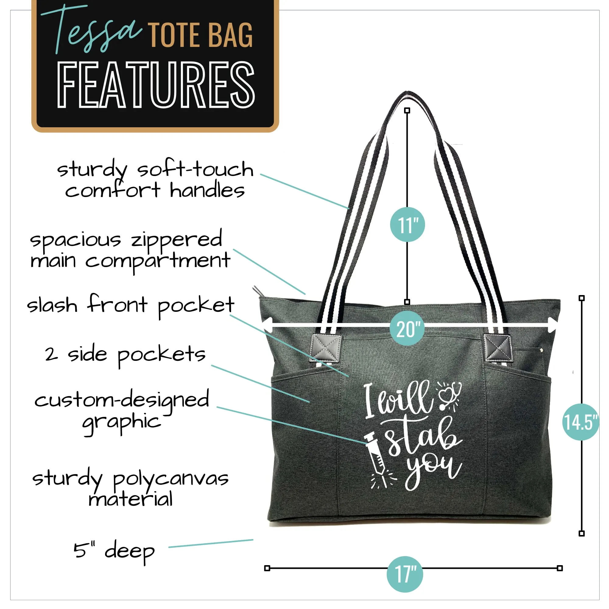 I Will Stab You Tessa Black Tote Bag for Medical Workers
