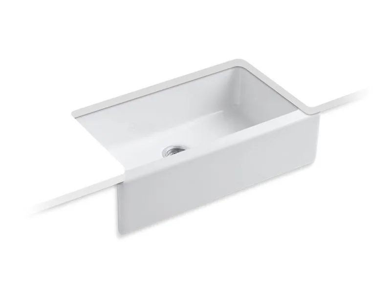 KOHLER K-6546-4U Dickinson 33" x 22-1/8" x 8-5/8" Undermount single-bowl farmhouse kitchen sink with 4 oversize faucet holes in White