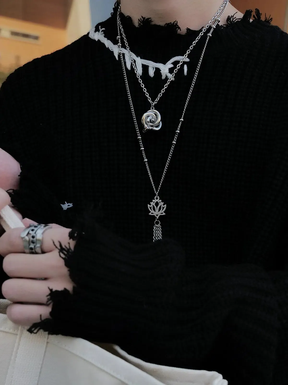 Lotus Tassel Pendant Silver Necklace