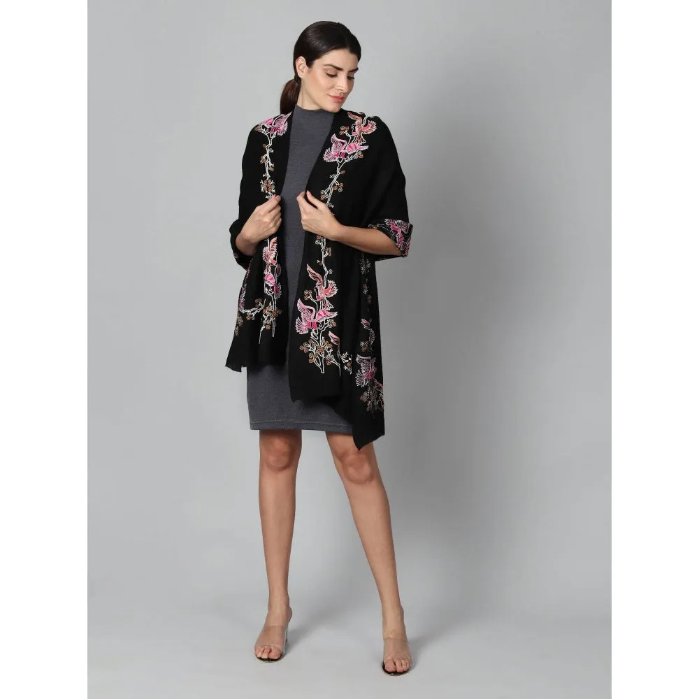 Modarta By Kamakshi Black Pure Pashmina Stole With Beautiful Birds Hand Embroidery