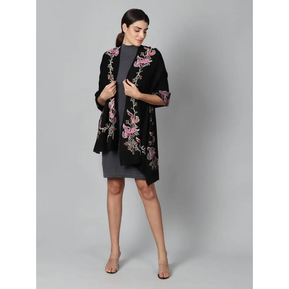 Modarta By Kamakshi Black Pure Pashmina Stole With Beautiful Birds Hand Embroidery
