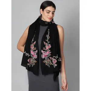 Modarta By Kamakshi Black Pure Pashmina Stole With Beautiful Birds Hand Embroidery