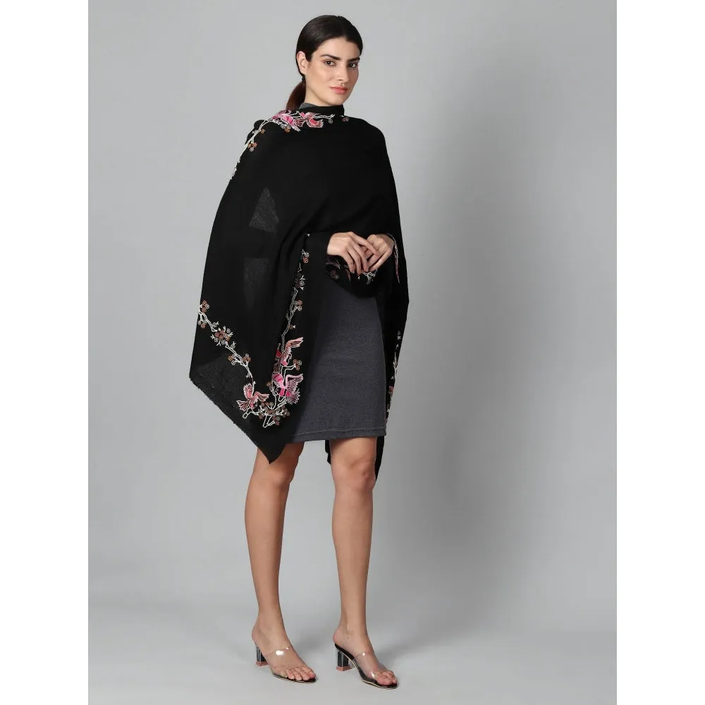 Modarta By Kamakshi Black Pure Pashmina Stole With Beautiful Birds Hand Embroidery