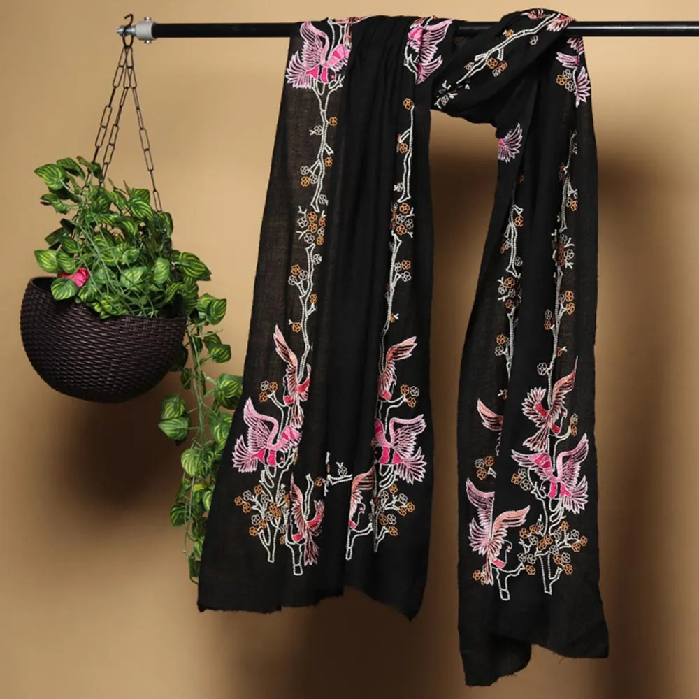 Modarta By Kamakshi Black Pure Pashmina Stole With Beautiful Birds Hand Embroidery