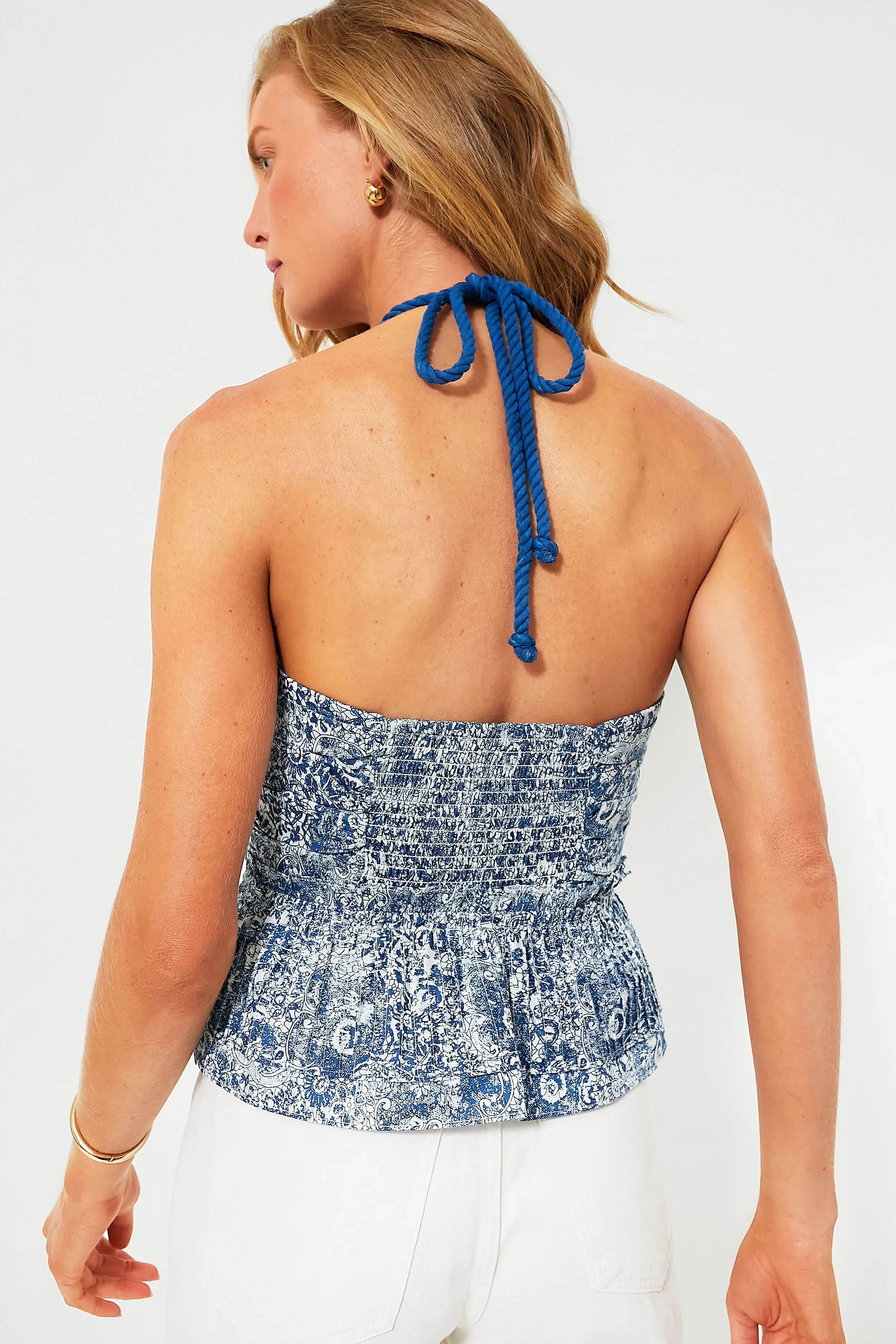Navy Micro Floral Tie-Neck Flynn Top