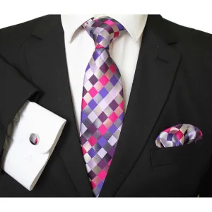 Pink Blue White Multi Color Designer Silk Floral Necktie with Matching Cufflinks & Pocket Square Set for Men