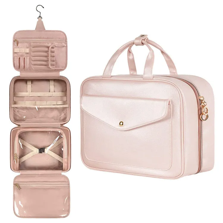 Pink Multifunctional Travel Toiletry Organizer with Hanger and Large Storage Capacity