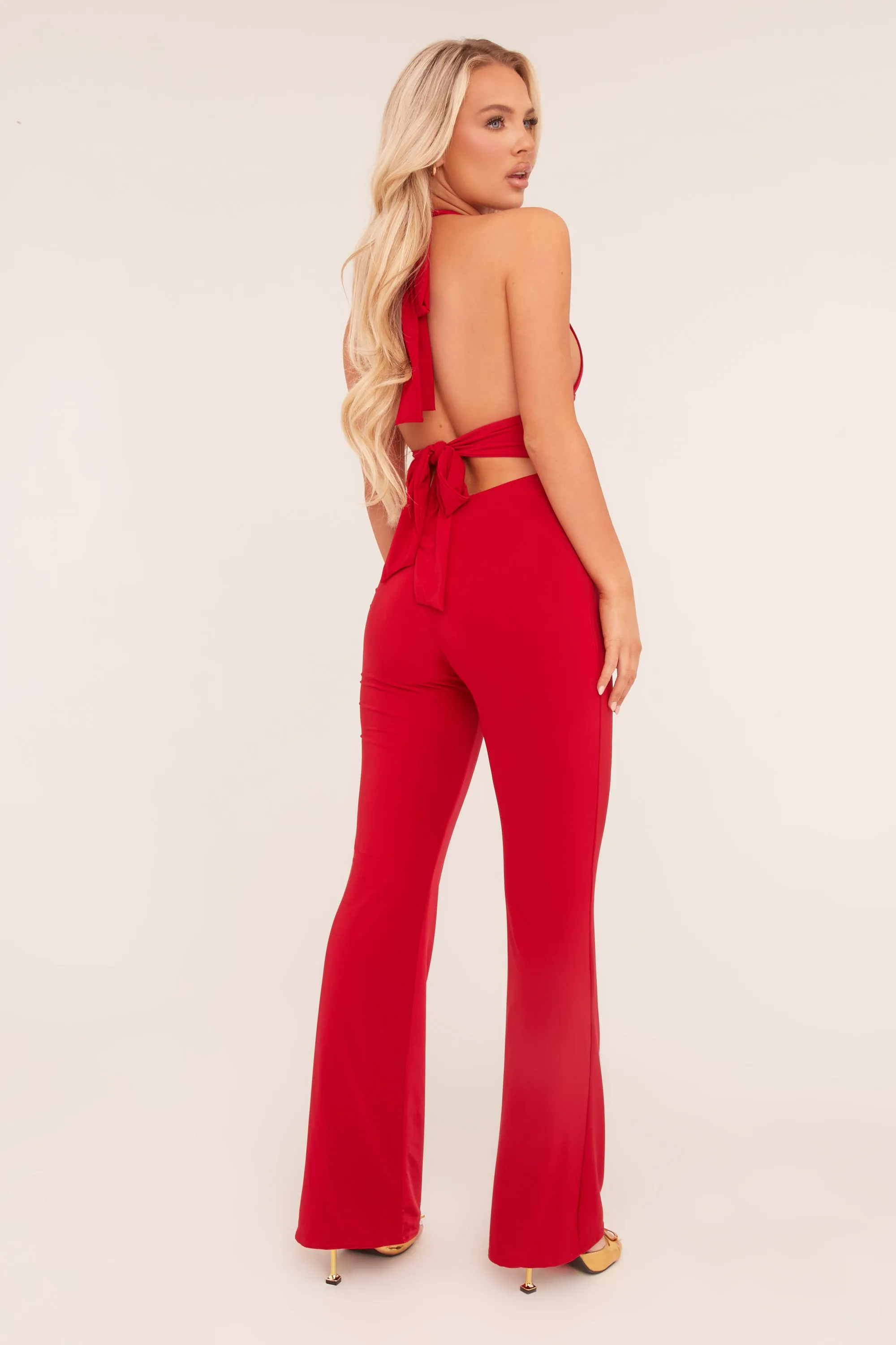 Red Plunge Halter Neck Flared Jumpsuit - Brielle