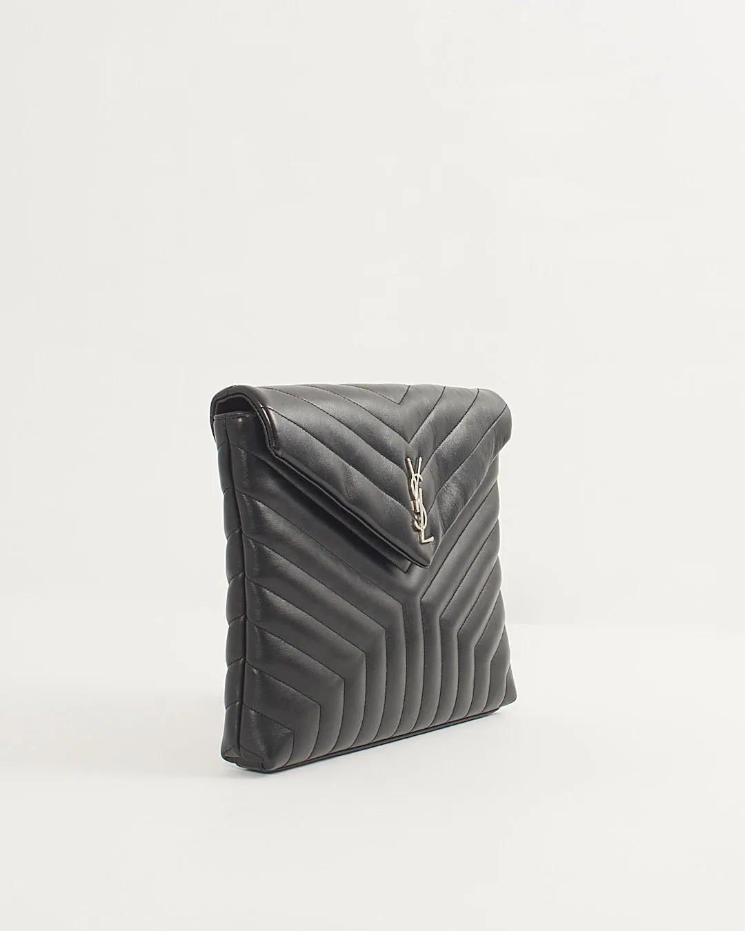 Saint Laurent Black Chevron Leather Large Envelope Pouch Bag