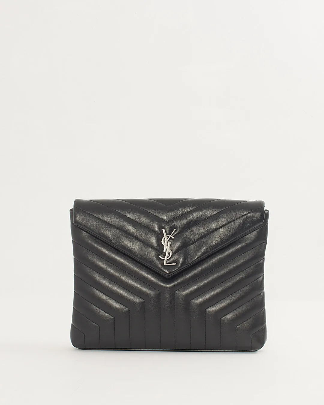 Saint Laurent Black Chevron Leather Large Envelope Pouch Bag