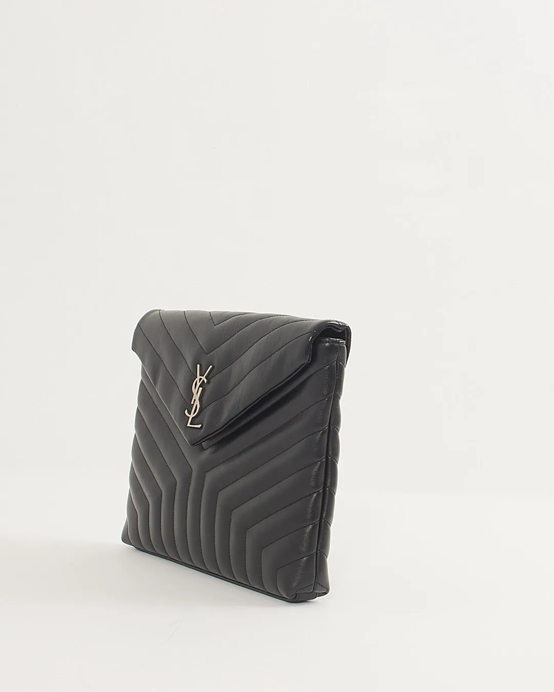 Saint Laurent Black Chevron Leather Large Envelope Pouch Bag