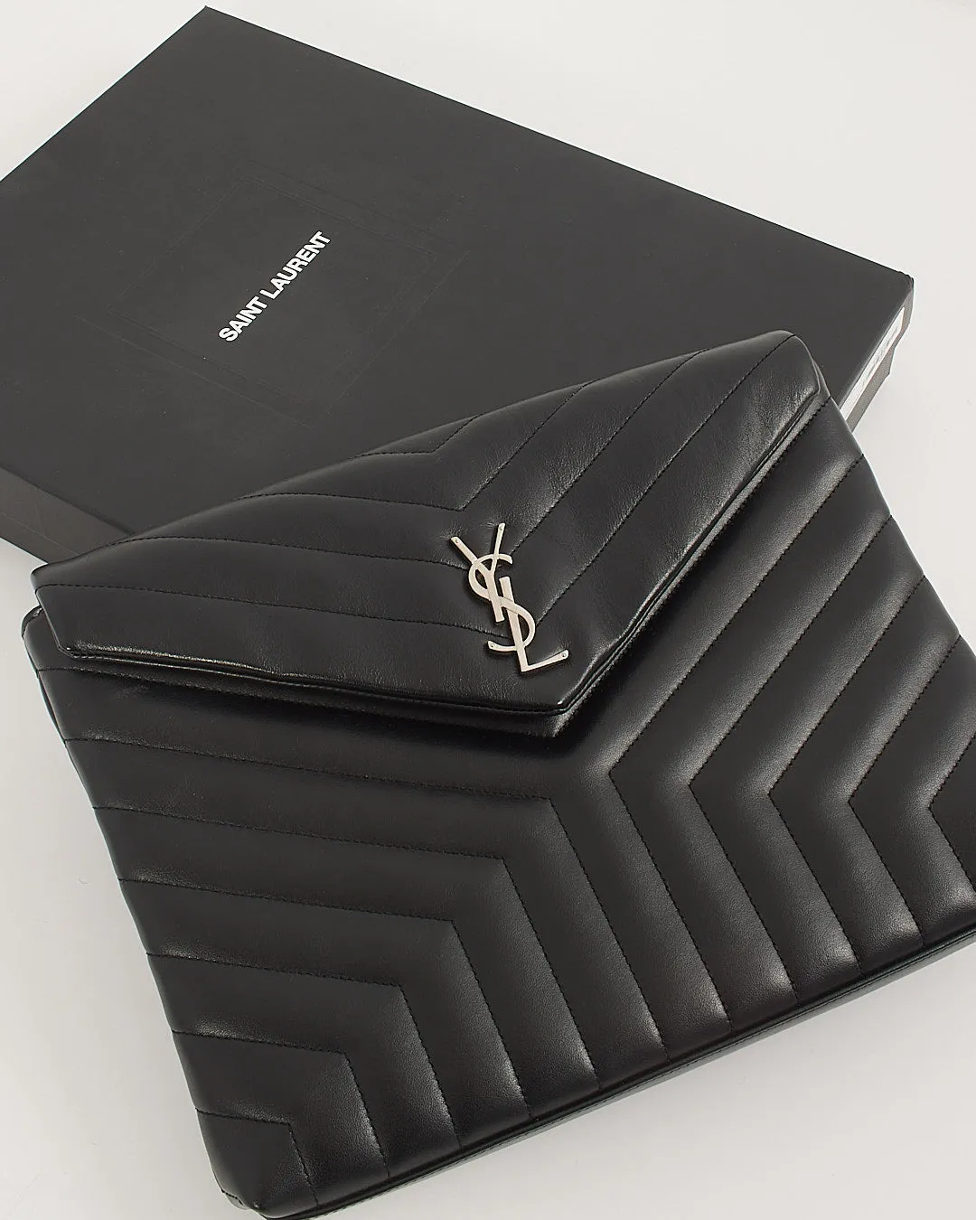 Saint Laurent Black Chevron Leather Large Envelope Pouch Bag