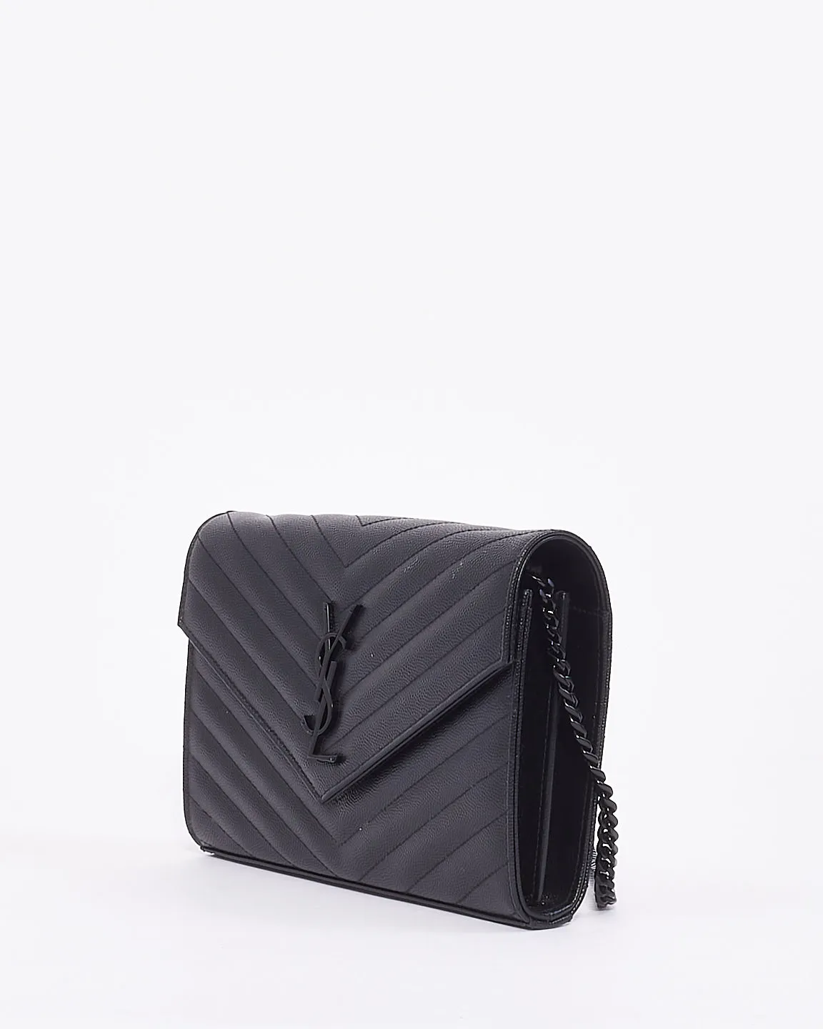 Saint Laurent Black Grain de Poudre Leather Matelasse Envelope Chain Wallet Bag BHW