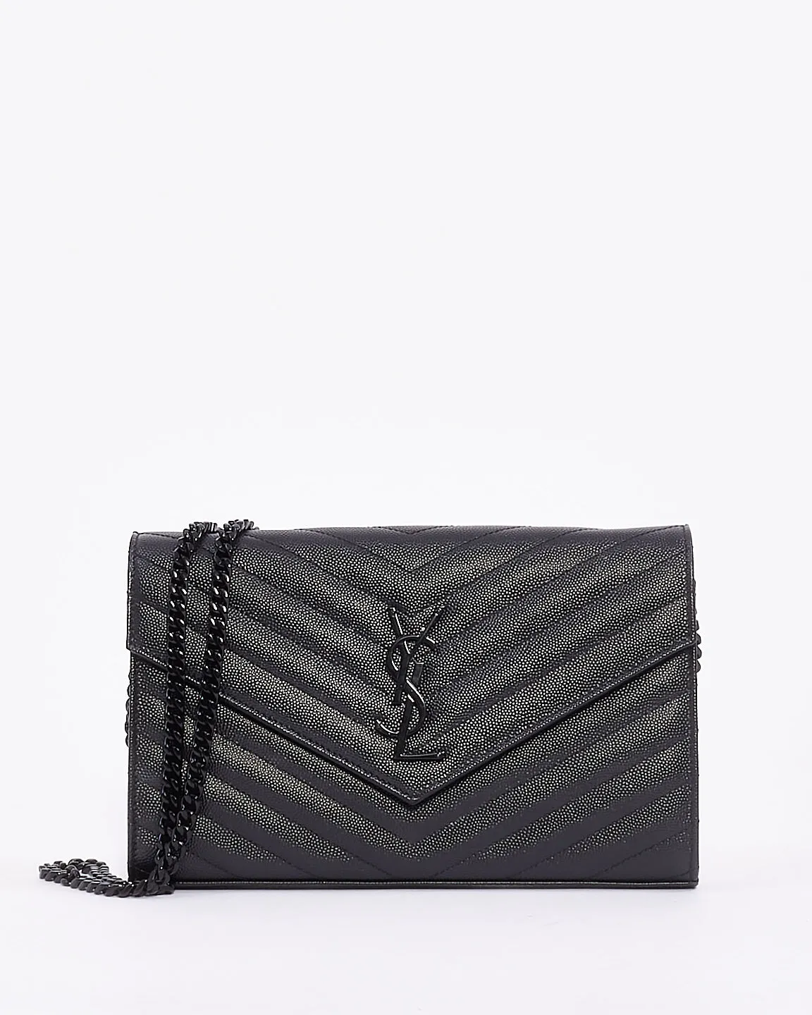 Saint Laurent Black Grain de Poudre Leather Matelasse Envelope Chain Wallet Bag BHW