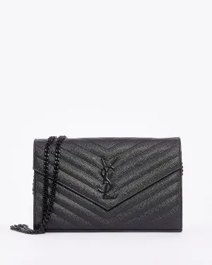 Saint Laurent Black Grain de Poudre Leather Matelasse Envelope Chain Wallet Bag BHW
